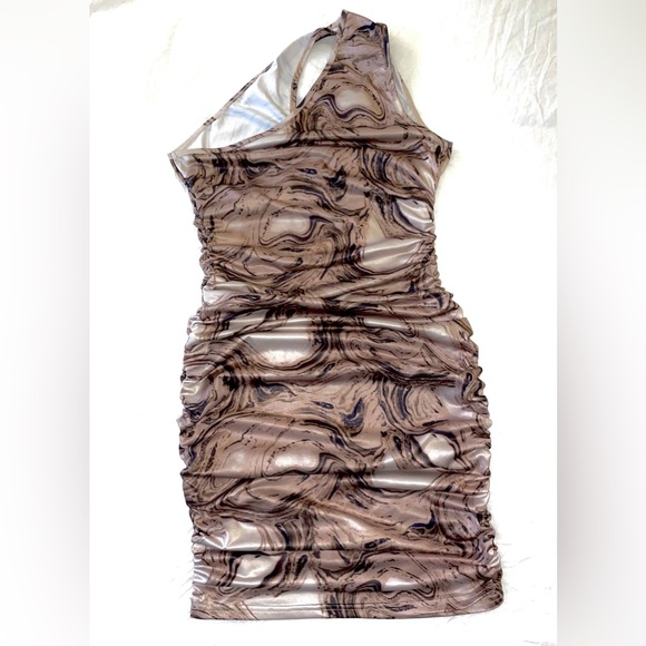 Neutral Marble Tan/Brown One Shoulder Key Hole Mini Dress - Picture 3 of 6